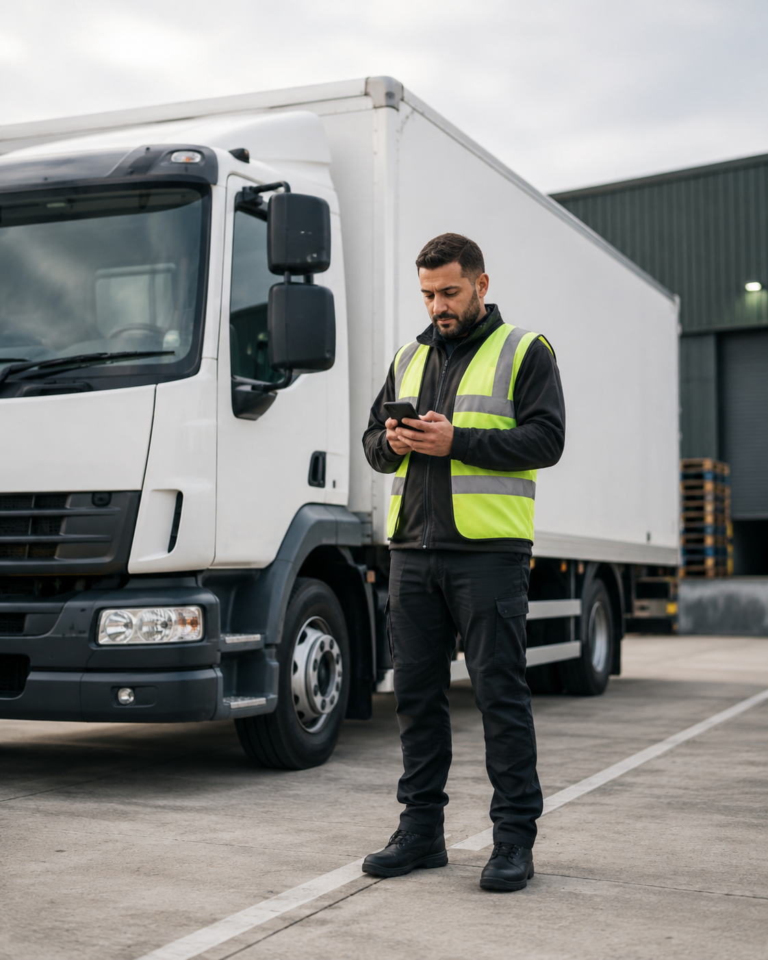 Commercial driver using FleetSlate Driver beside a white box truck