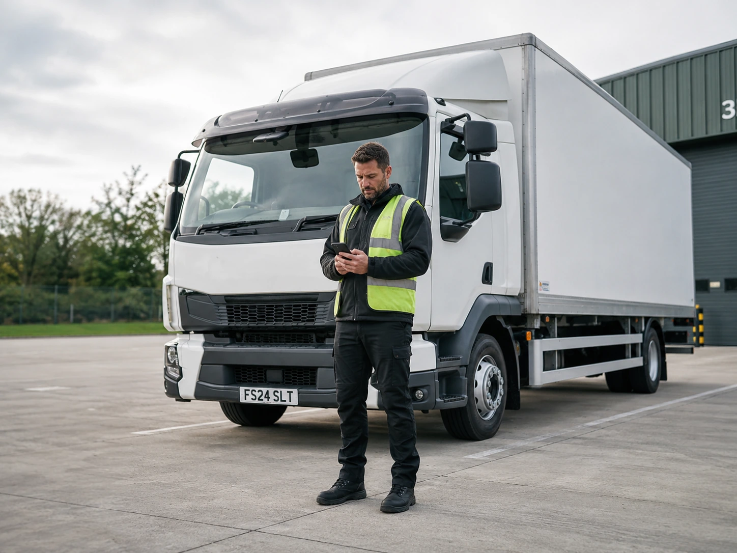 Commercial driver completing a vehicle check with a phone