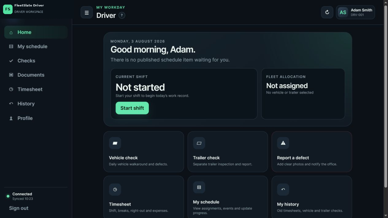 FleetSlate Driver mobile home screen showing shift and daily actions