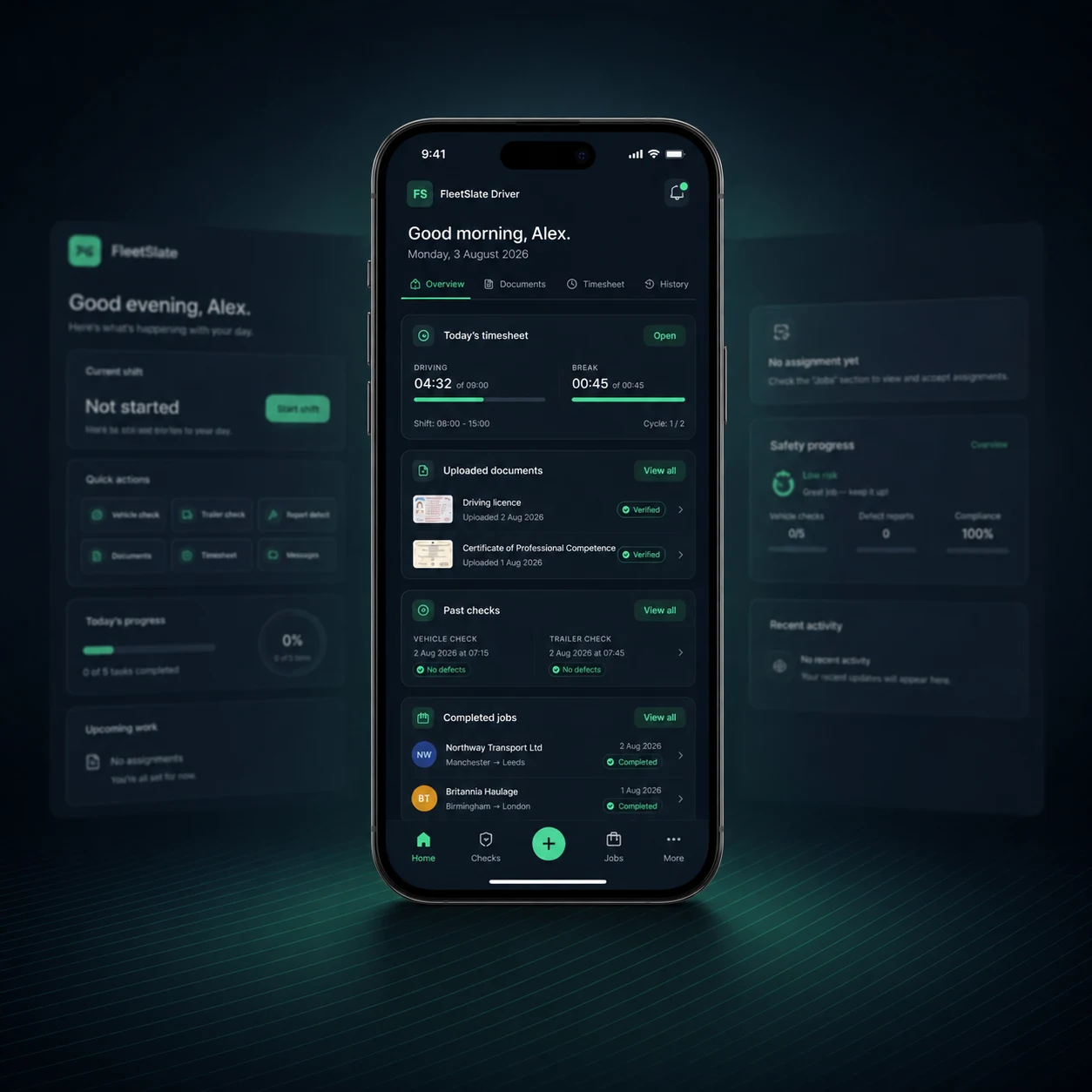 FleetSlate Driver mobile home screen showing shift and daily actions