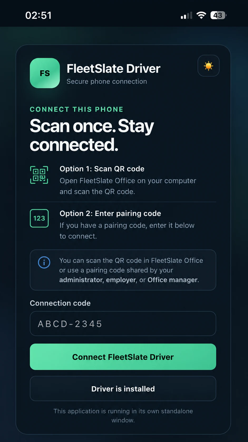 FleetSlate Driver pairing screen showing QR or code-based connection guidance