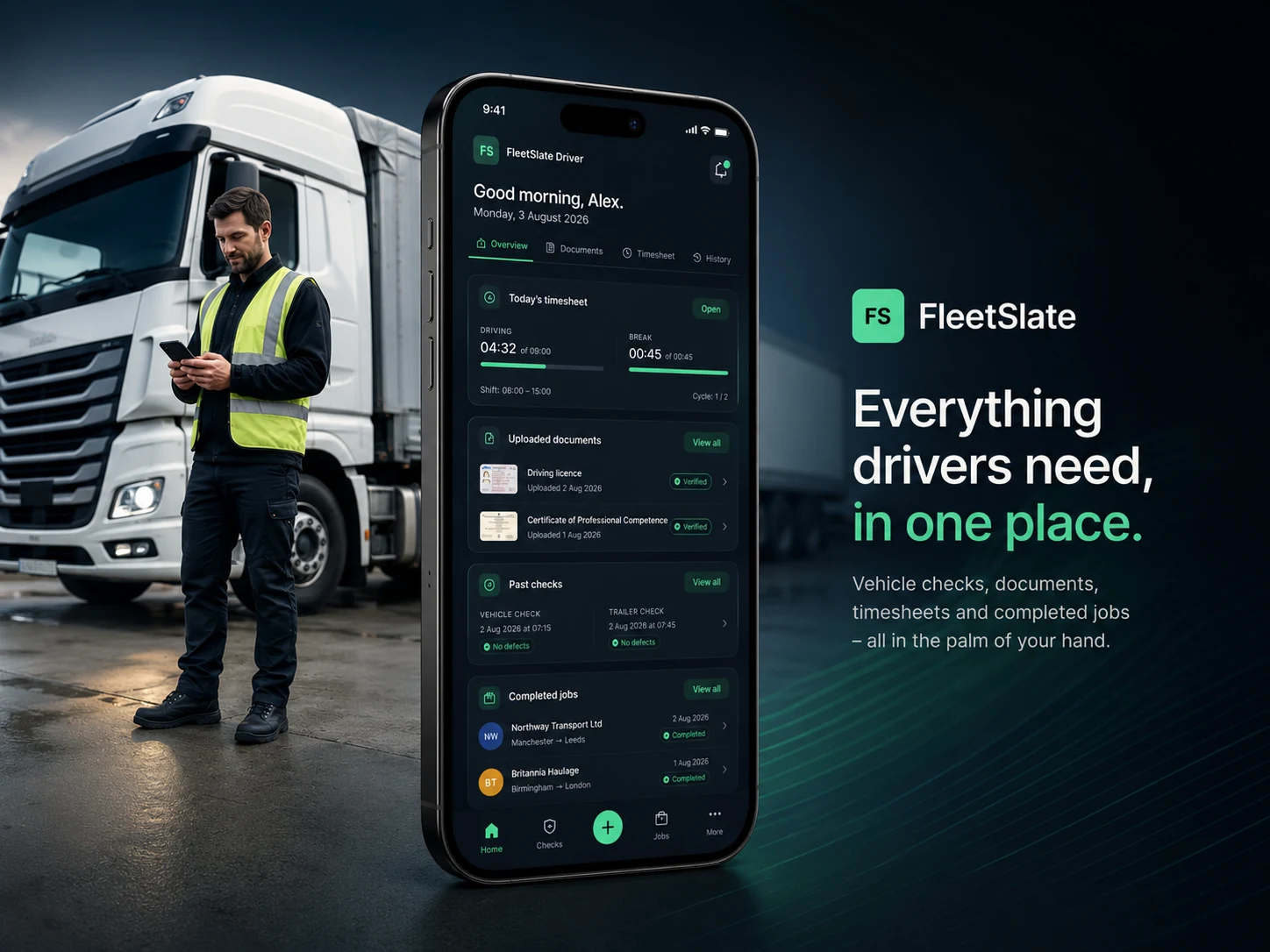 FleetSlate Driver promotional image showing the current mobile interface on a phone by a truck