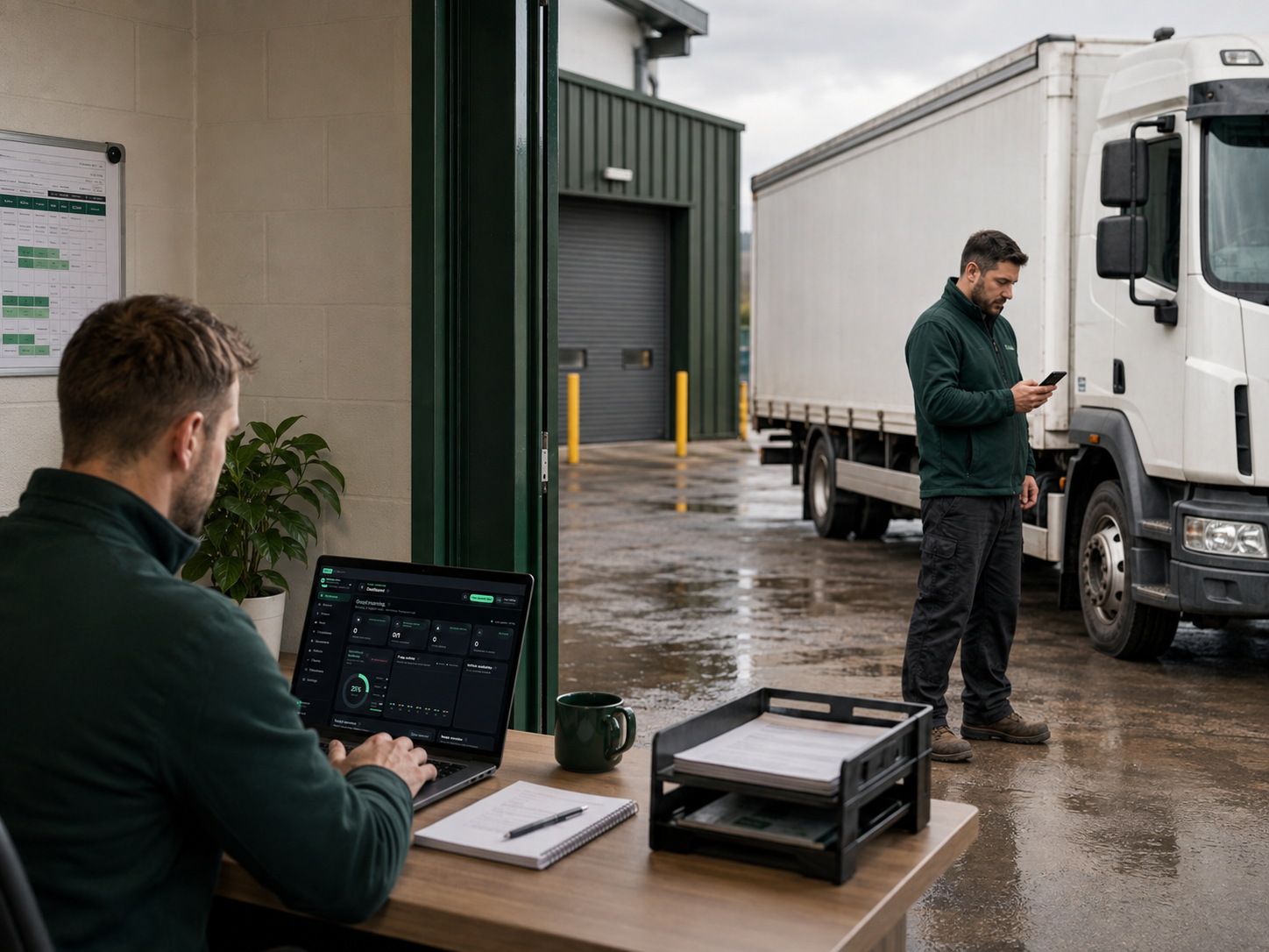 Fleet manager using fleet software on a laptop, tablet and phone