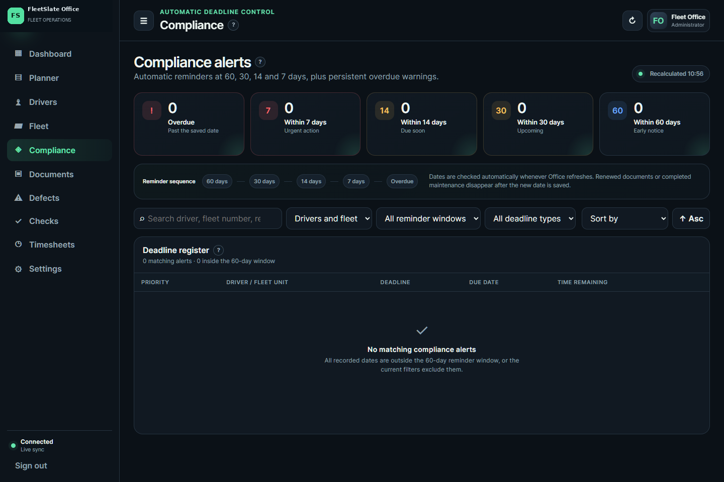 FleetSlate Office compliance screen with automatic deadline windows