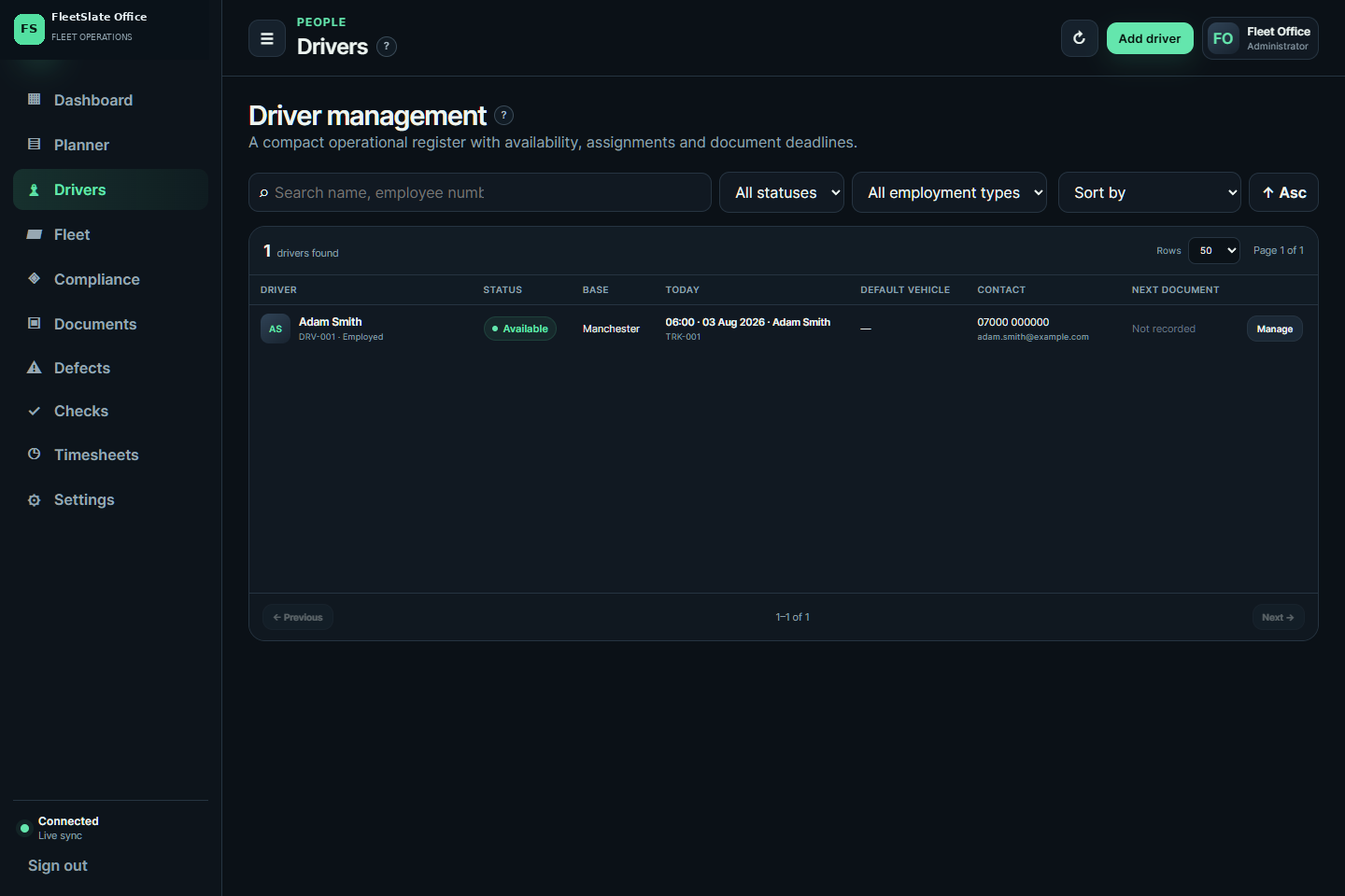 FleetSlate Office driver register showing availability and an assigned working day