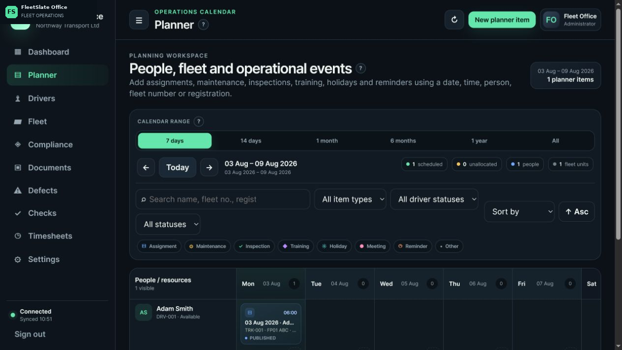 FleetSlate Office planner with a published assignment for a real example driver and vehicle