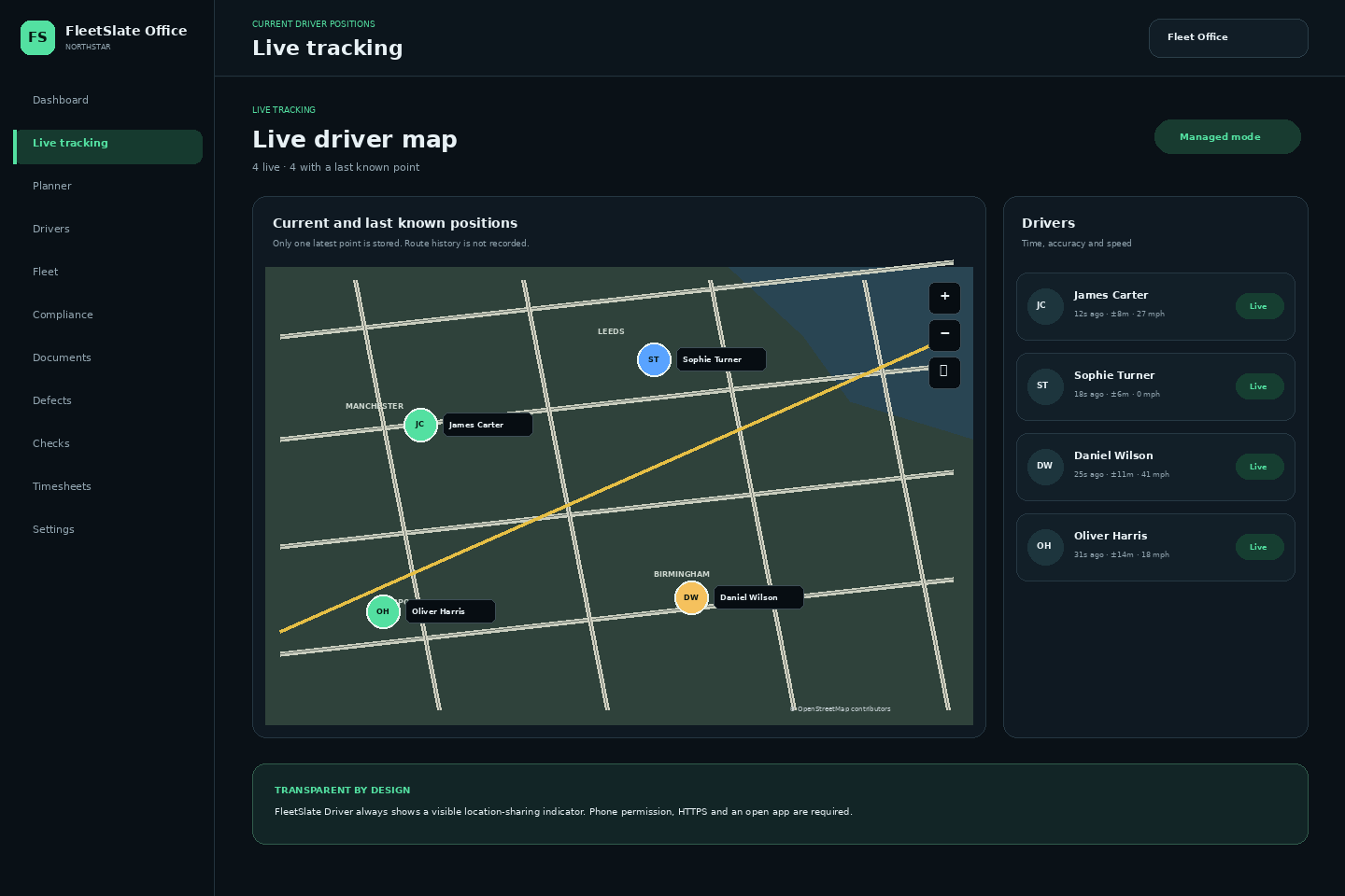 FleetSlate Office live tracking map with current and last known driver positions