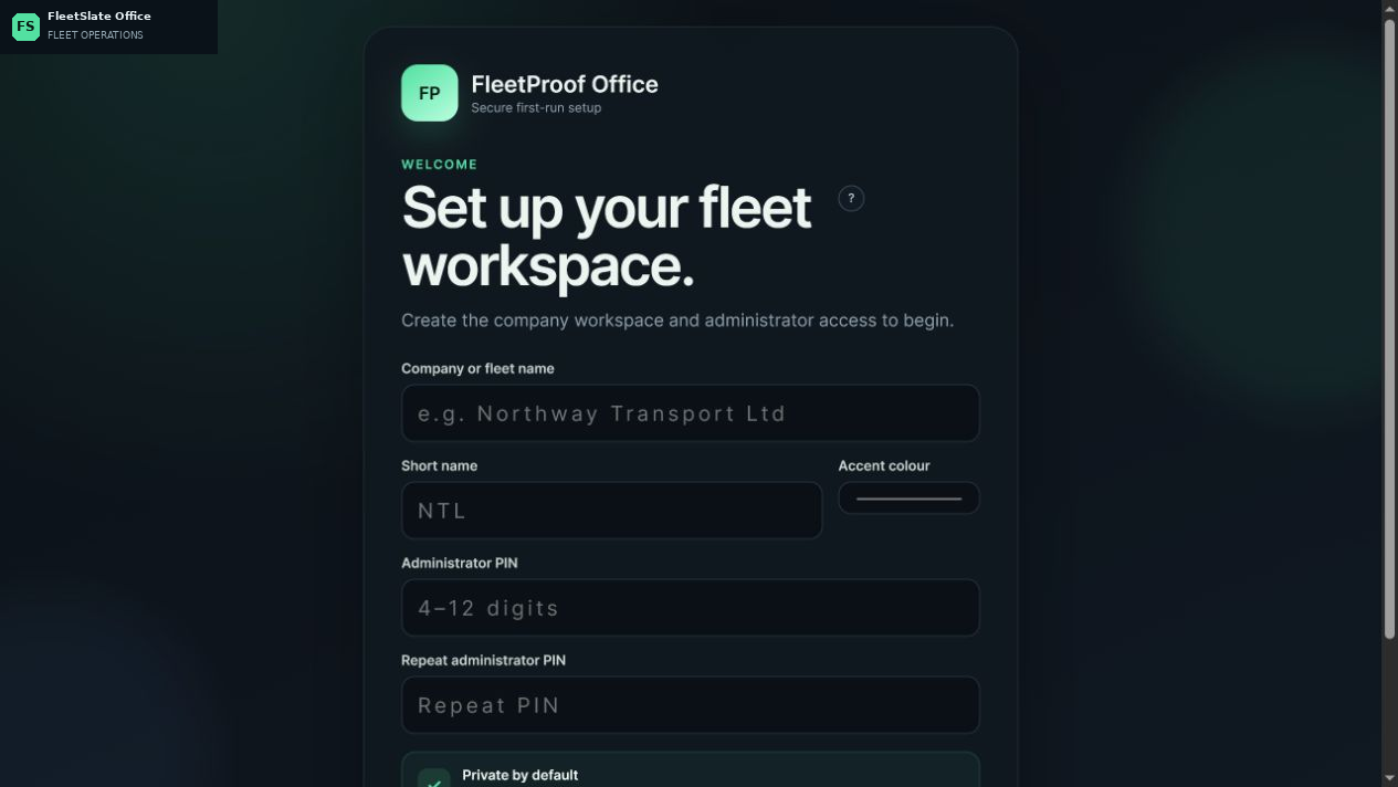 FleetSlate Office onboarding and setup area