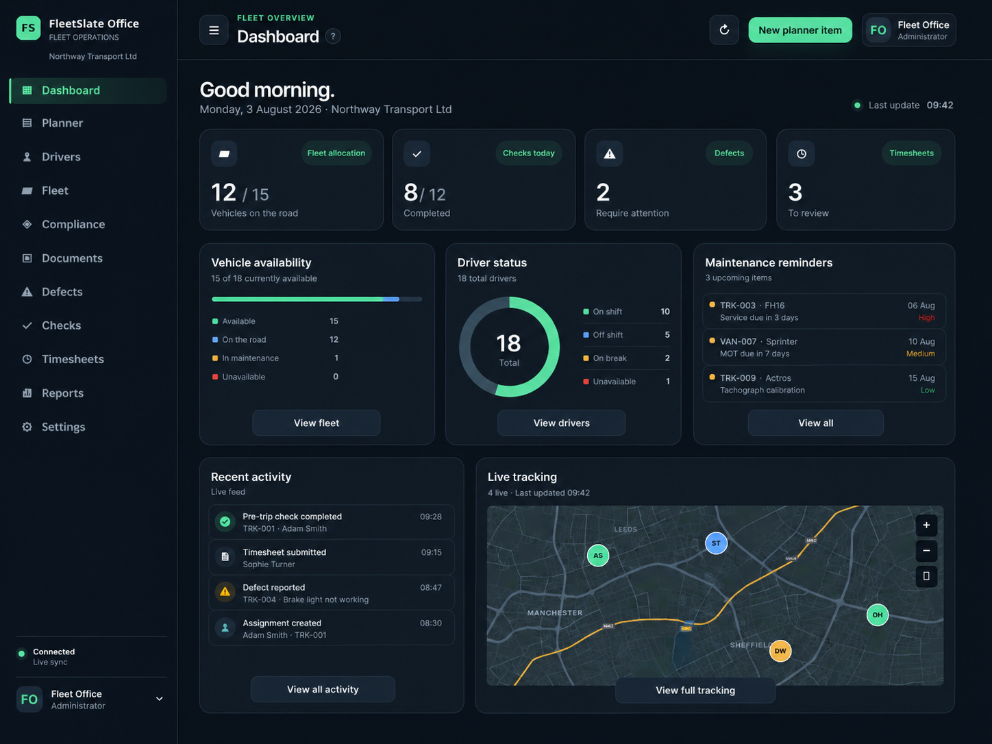 FleetSlate Office operational dashboard