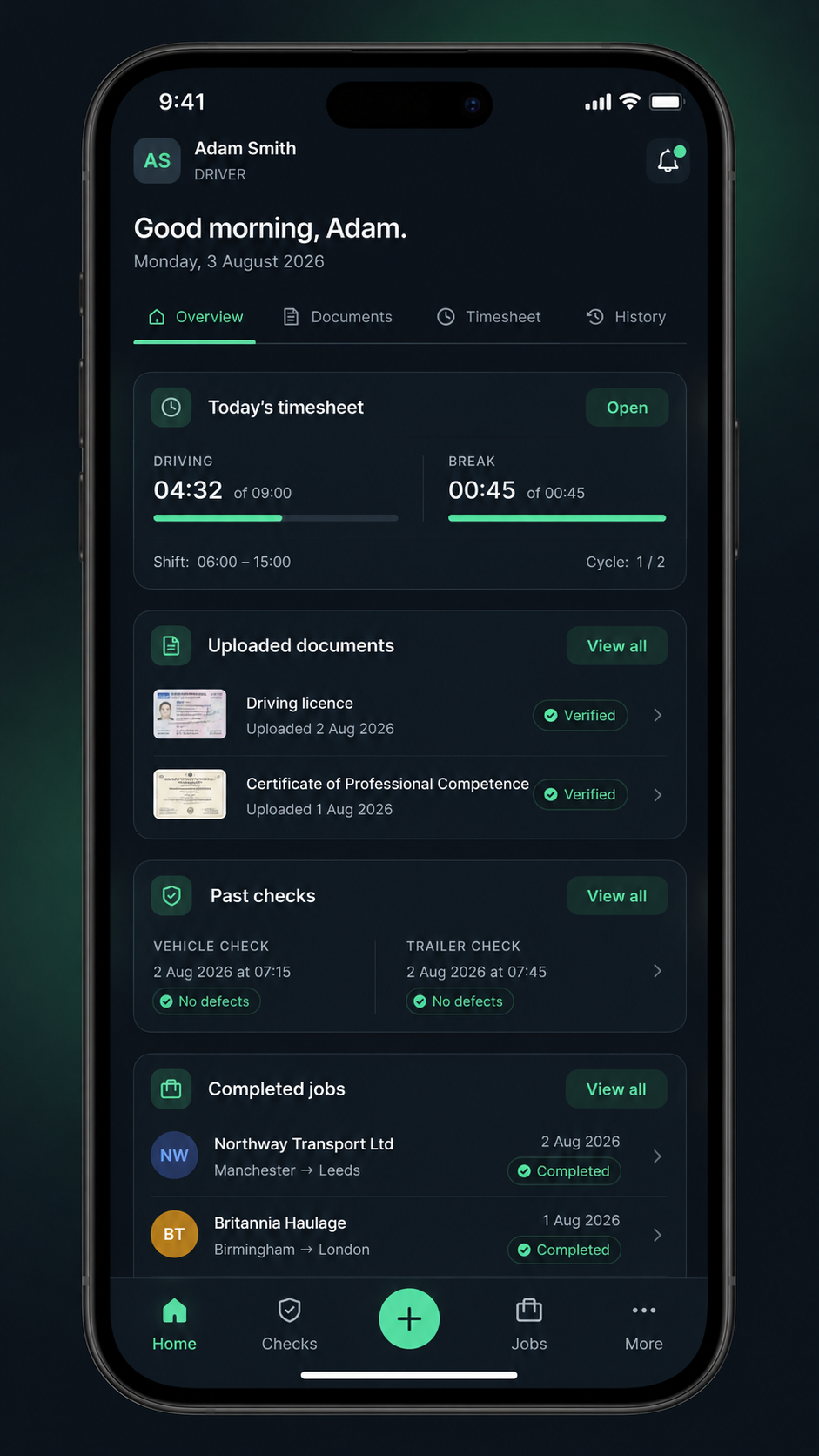 FleetSlate Driver documents, timesheet and history view