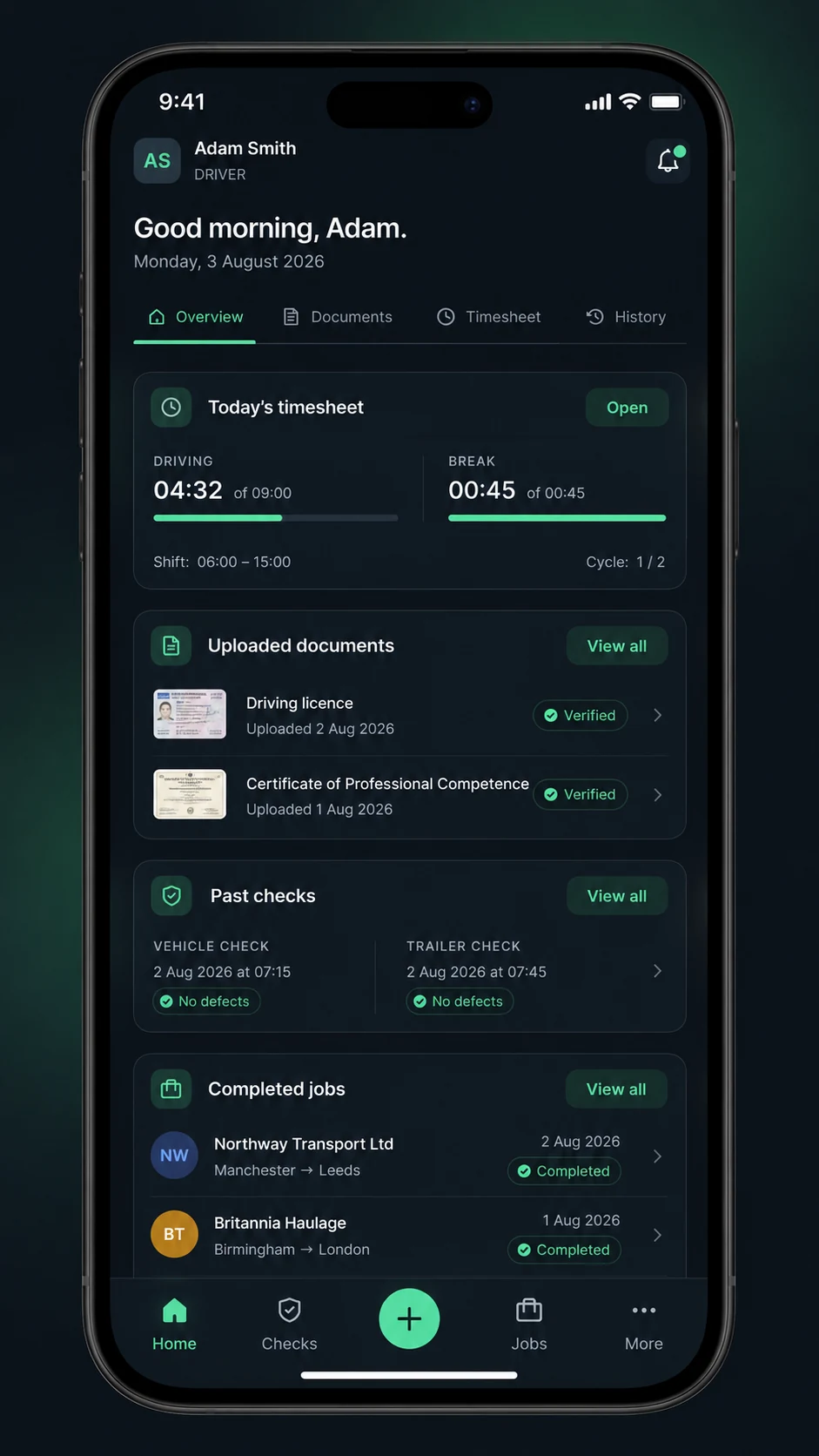 FleetSlate Driver documents, timesheet and history view