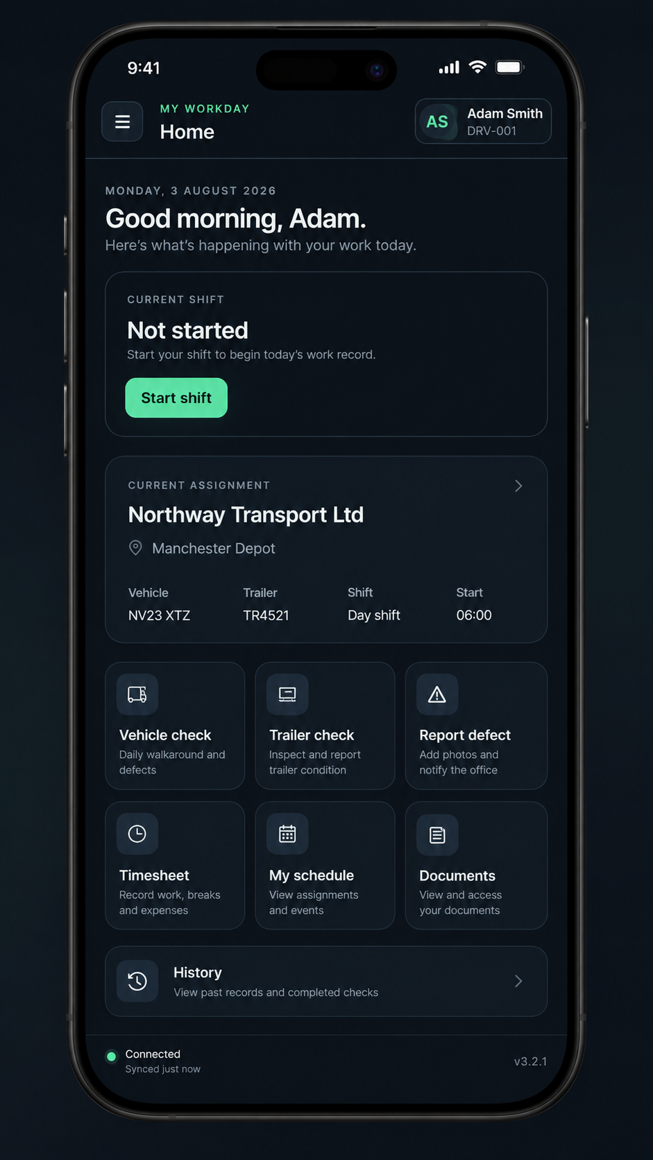 FleetSlate Driver mobile workday screen