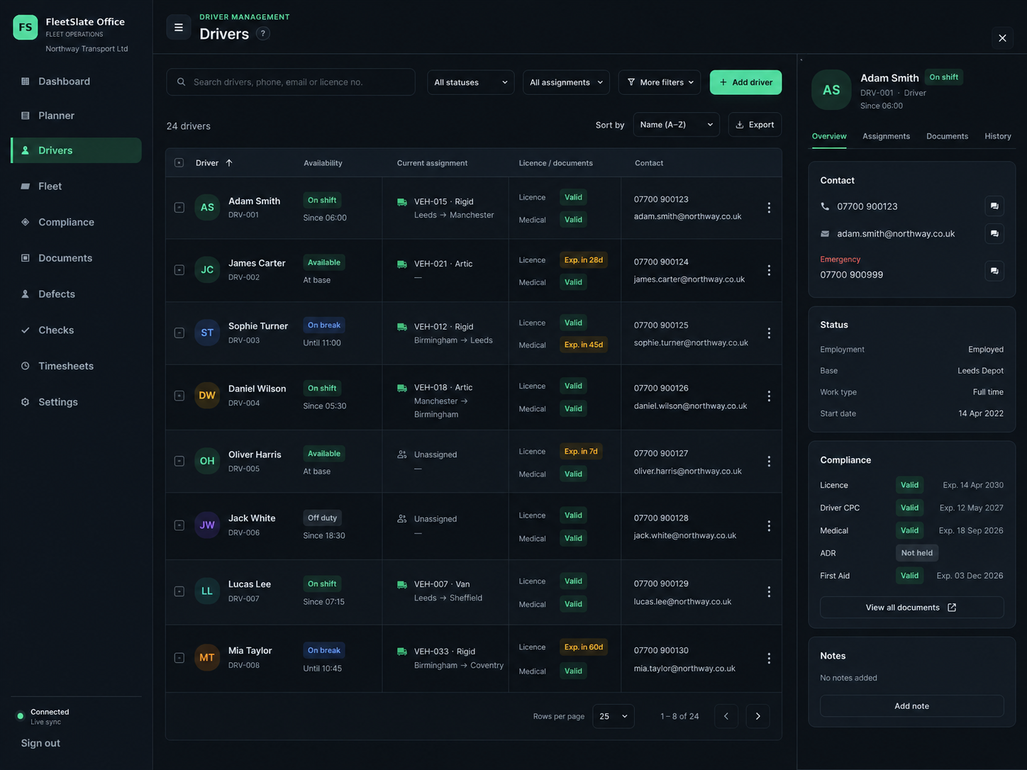FleetSlate Office driver management screen