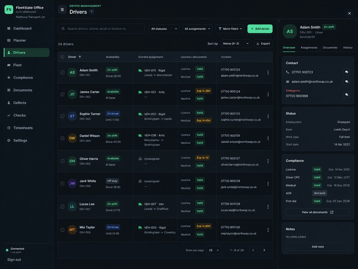 FleetSlate Office driver management screen