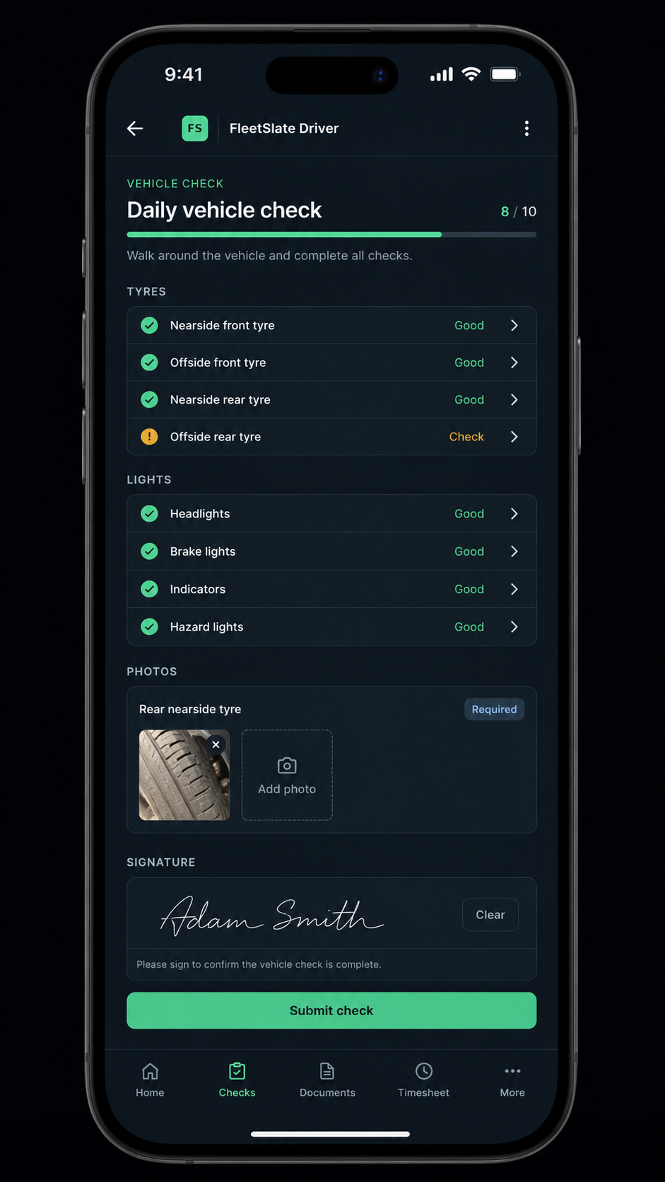FleetSlate Driver vehicle check workflow