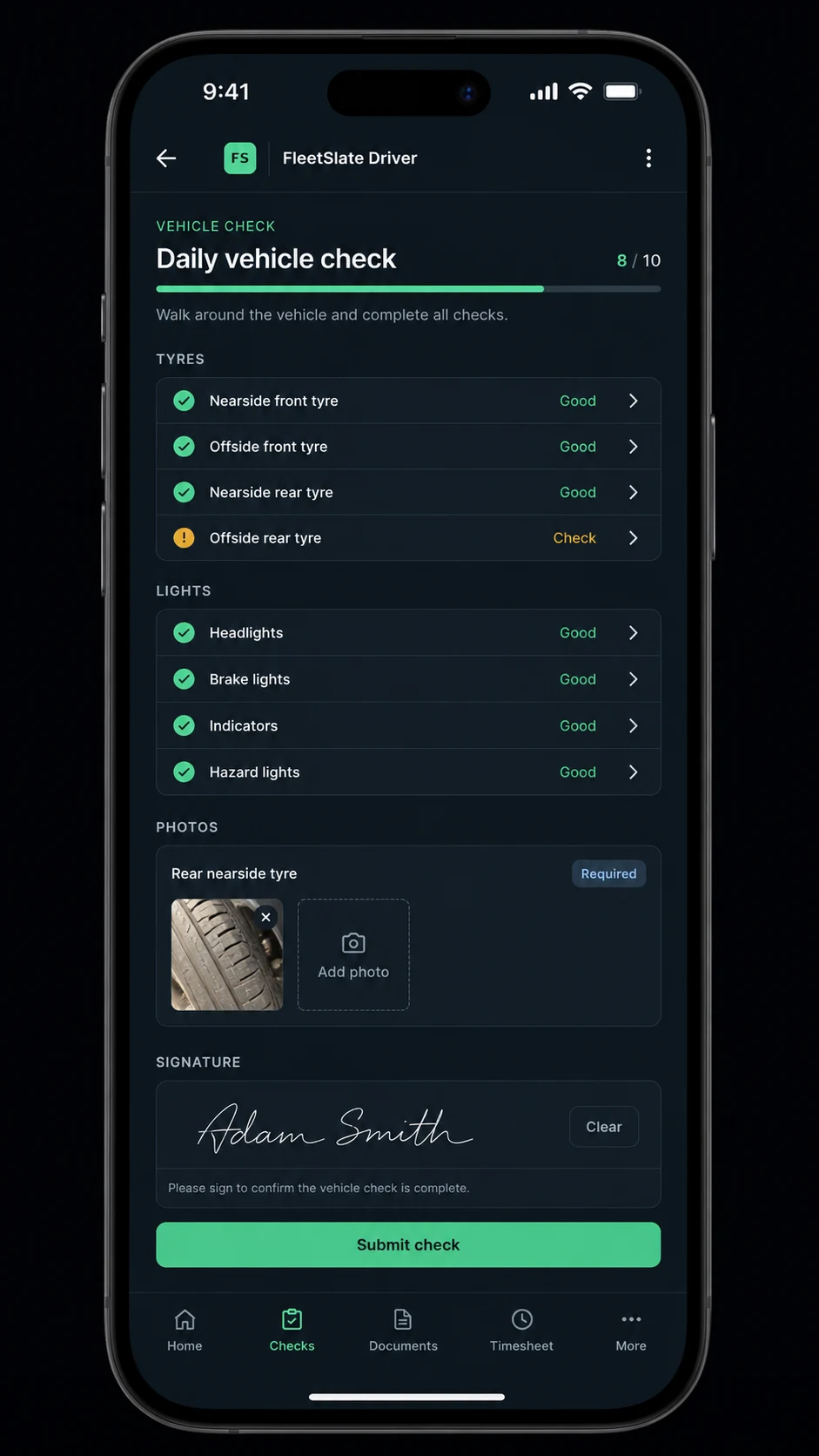 FleetSlate Driver vehicle check workflow