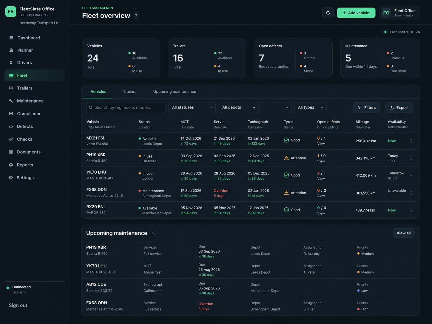 FleetSlate Office fleet overview and maintenance screen