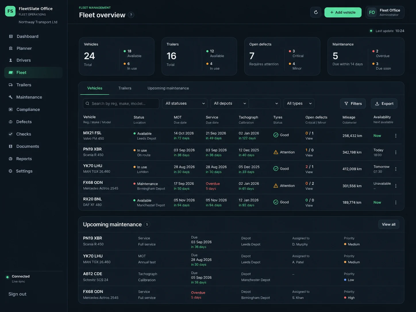 FleetSlate Office fleet overview and maintenance screen